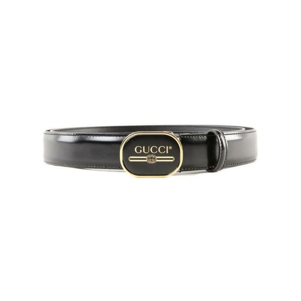Gucci Leather Belt With Enamel Logo Buckle In Black
